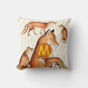 Vintage Fox on Orange Trendy Zig Zag Pattern Throw Pillow