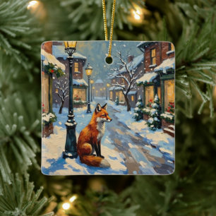 Vintage Fox Under Gas Lamp in Snowy Christmas Ceramic Ornament