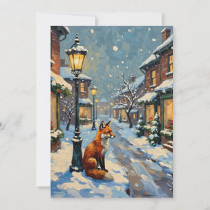 Vintage Fox Under Gas Lamp in Snowy Christmas Holiday Card