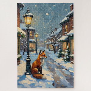 Vintage Fox Under Gas Lamp in Snowy Christmas Jigsaw Puzzle