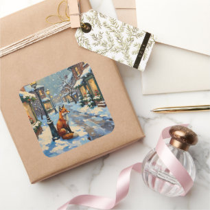 Vintage Fox Under Gas Lamp in Snowy Christmas Square Sticker