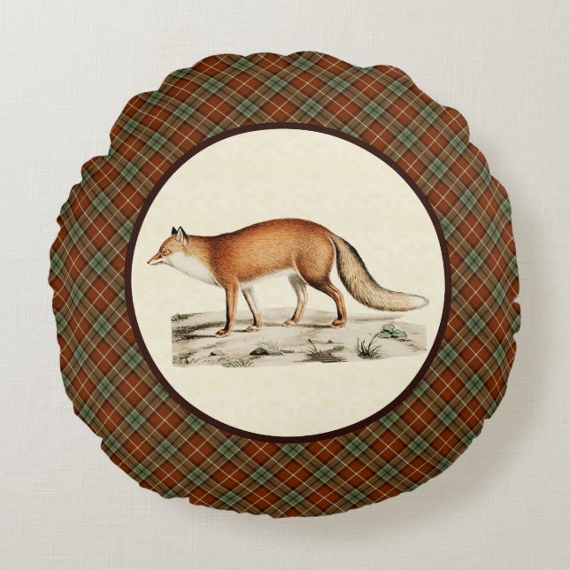 Vintage Fox with Rustic Autumn Plaid Round Pillow (Front)