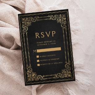 Vintage Frame Black Gold Wedding RSVP Card