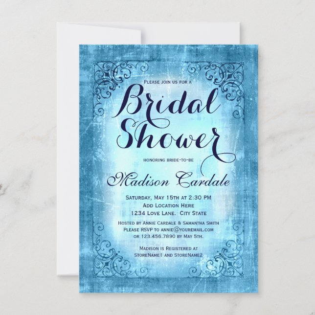 Vintage Frame Blue Bridal Shower Invitations (Front)