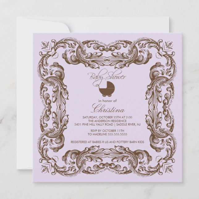 Vintage Frame Brown Lilac Baby Shower Invitation (Front)