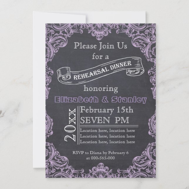Vintage frame, chalkboard wedding rehearsal dinner invitation (Front)