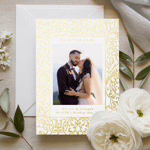 Vintage Frame Classic Script Photo Save The Date Foil Holiday Card
