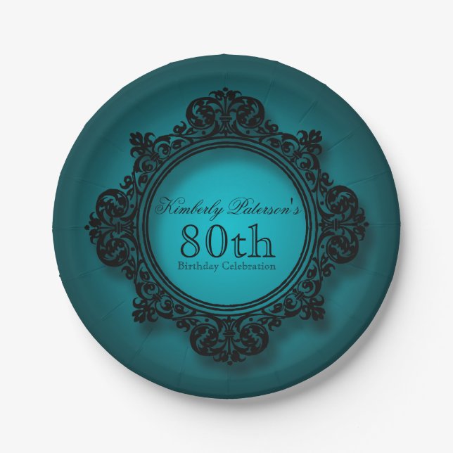 Vintage Frame in Blue - 80th Birthday Paper Plates (Front)