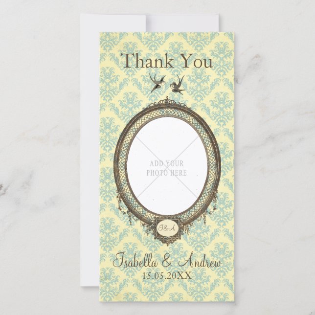 Vintage Frame on Damask Wedding Thank You (Front)