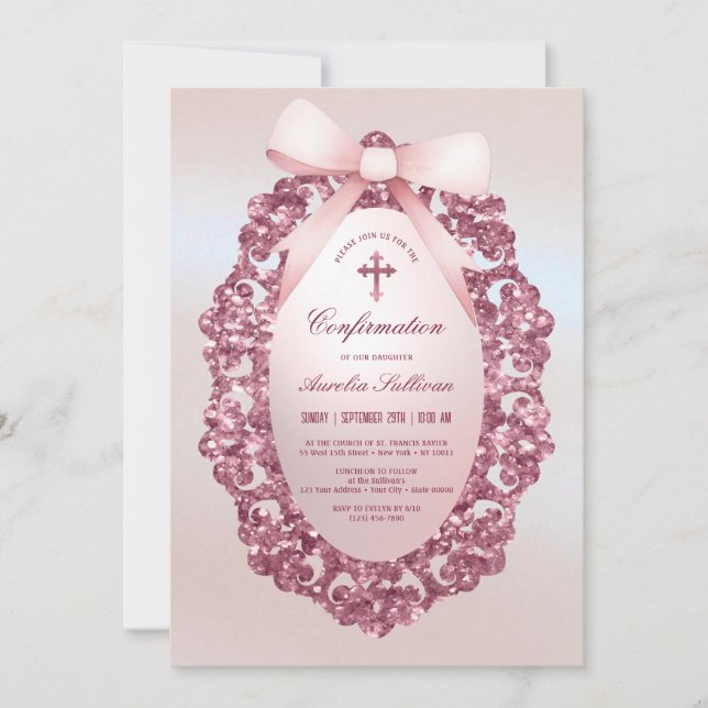Vintage Frame Pink Bow Faux Foil Confirmation Invitation (Front)