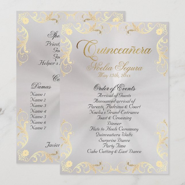 Vintage Frame Quinceanera Program - Pearl/Gold (Front/Back)