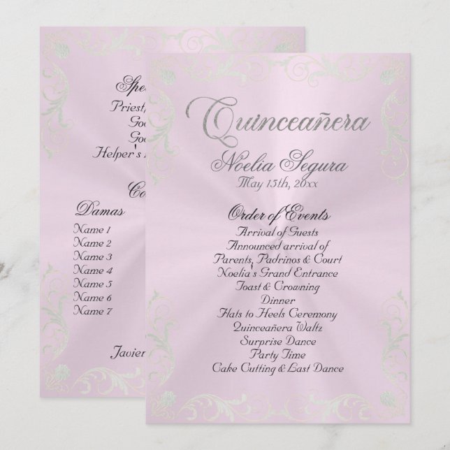 Vintage Frame Quinceanera Program - Pink/Silver (Front/Back)