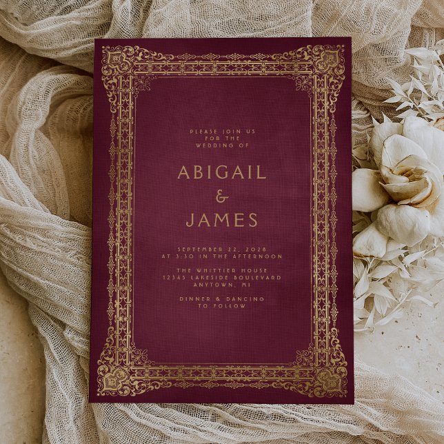 Vintage Frame Red Gold Wedding Invitation (A unique choice for a vintage red and gold themed wedding.)
