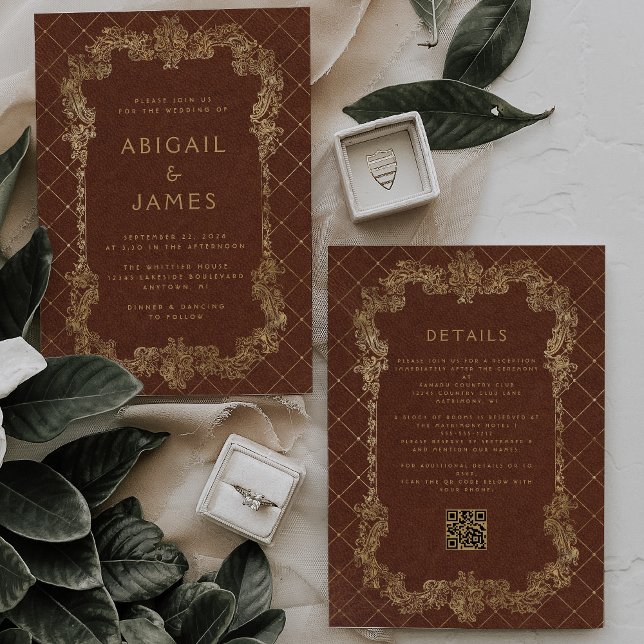 Vintage Frame Rust Gold QR Code Wedding Invitation (Creator Uploaded)