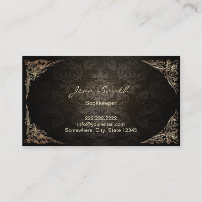 Vintage Framed Dark Damask Bookkeeper Business Card (Front)