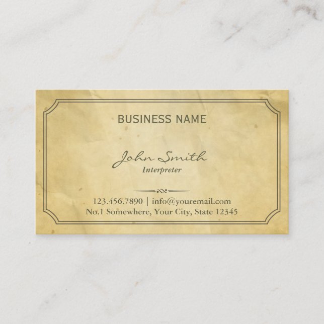 Vintage Framed Old Paper Interpreter Business Card (Front)