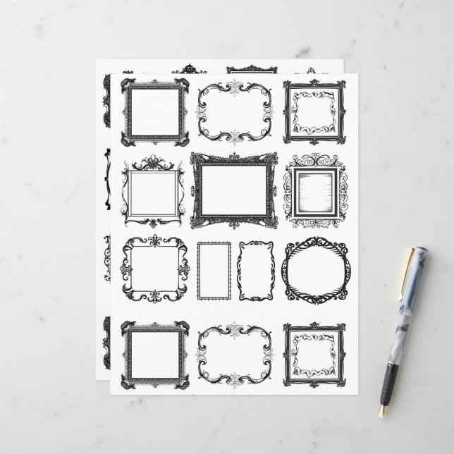 Vintage Frames Line Art Collage Scrapbook Paper (Front/Back In Situ)