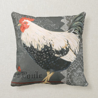 Vintage français coussin de poulet gris noir crème