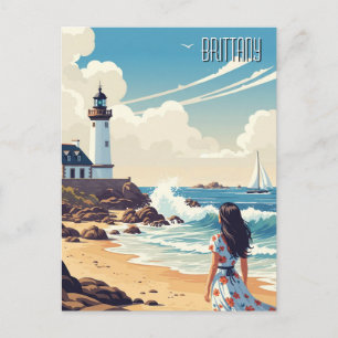 Vintage France Brittany Beach Lighthouse Postcard