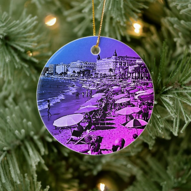 Vintage France Cannes the beach Ceramic Ornament (Tree)