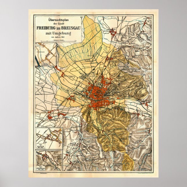 Vintage Freiburg im Breisgau Germany Map (1911) Poster (Front)