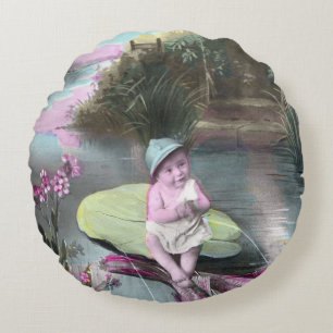 Vintage French April Fool Pistcard Round Pillow