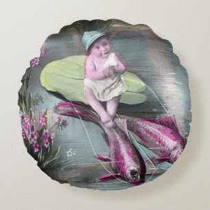 Vintage French April Fool Postcard Round Pillow