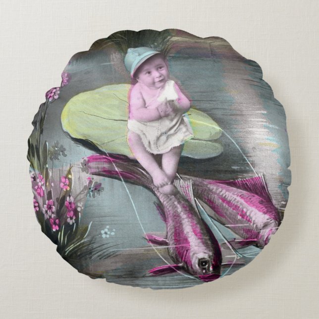Vintage French April Fool Postcard Round Pillow (Front)