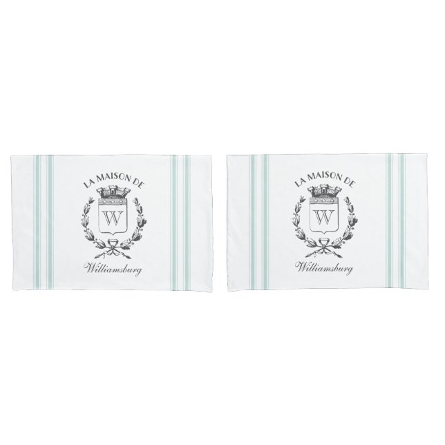 Vintage French Aqua Ticking Family Crest Pillowcas Pillowcase (Front-Set)