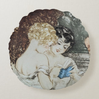 Vintage French Art Deco Louis Icart: Secrets Round Pillow