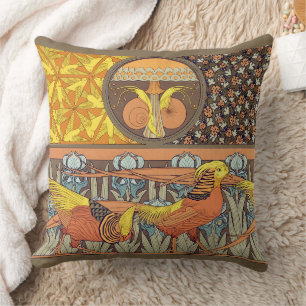 Vintage French Art Nouveau Nature Bird Pattern Throw Pillow