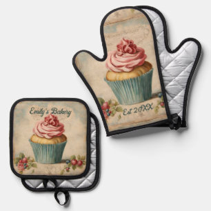 Vintage French Bakery Chef Cupcake Baker  Baking Oven Mitt & Pot Holder Set