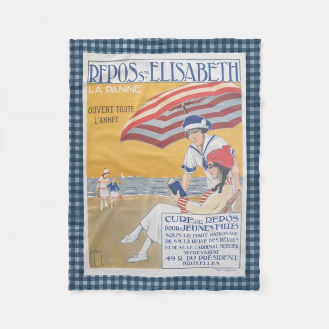 Vintage French Beach Travel Poster Fleece Blanket (Front)