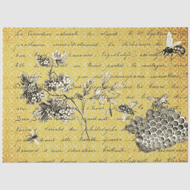 Vintage French Bee and Flower Decoupage Tissue Paper (Front)