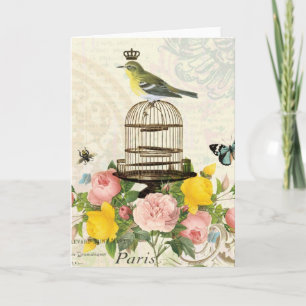 Vintage French bird and birdcage notecard
