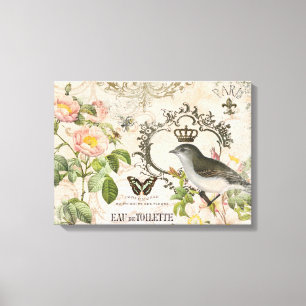 Vintage French bird with crown stretched canvas