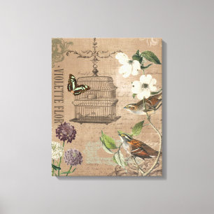 Vintage French birds and garden stretched canvas Print
