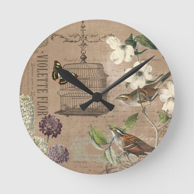 Vintage French birds and garden wall clock (Front)
