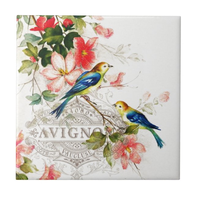 Vintage French Birds Design White Tile (Front)