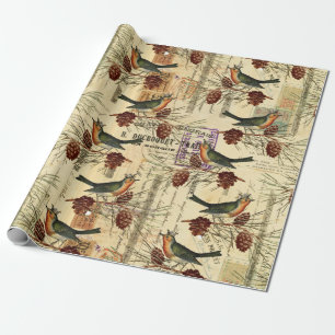 Vintage French Birds Pine Greenery Script Stamps Wrapping Paper