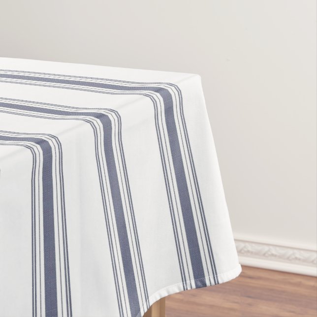 Vintage French Blue Fabric Ticking Tablecloth (In Situ)