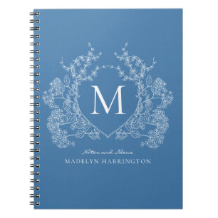 Vintage French Blue Floral Crest Monogram Notebook