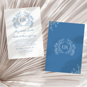 Vintage French Blue Floral Crest Monogram Wedding Invitation