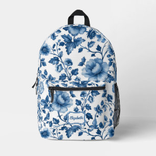 Vintage French Blue Floral Patterns Name Printed Backpack