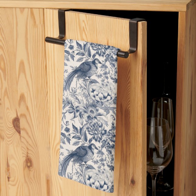 Vintage French Blue Toile Fleurie Kitchen Towel (Thirds Fold)