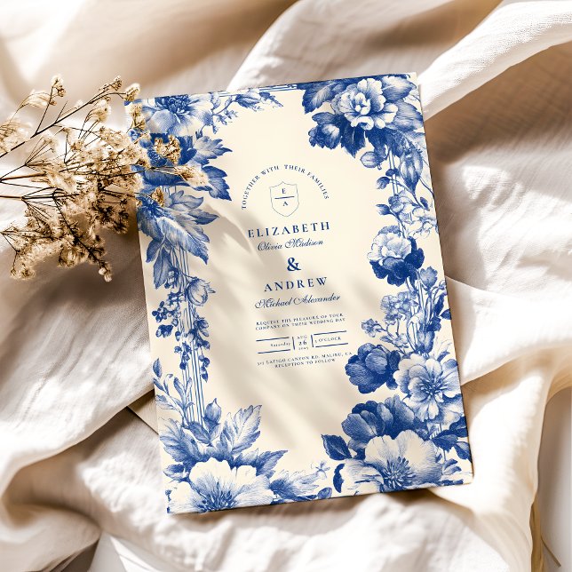 Vintage French Blue Toile Floral Wedding Invitation (Creator Uploaded)