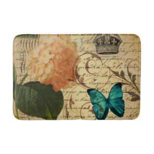 vintage French botanical art butterfly hydrangea Bath Mat