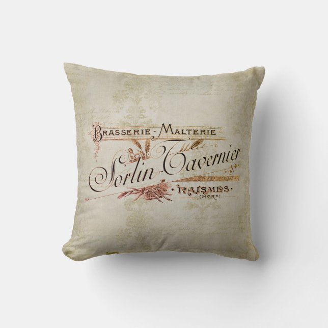 Vintage French Brewery Advertisement Throw Pillow (Front)
