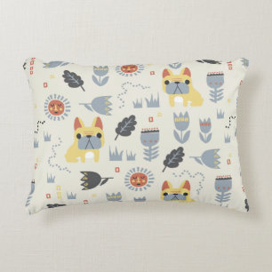 vintage French bulldog and Scandinavian flower ill Accent Pillow