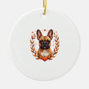 Vintage French Bulldog with Autumn Leaf Wreath and Ceramic Ornament